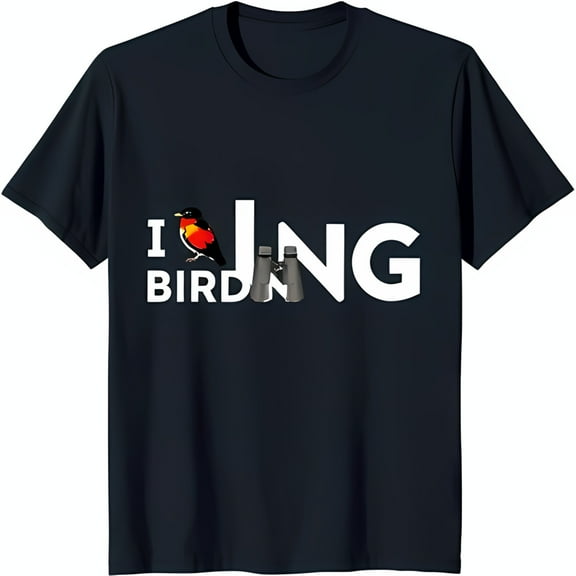 Black T-Shirt with Bold White 'I Bird Image ING' Design & Binoculars