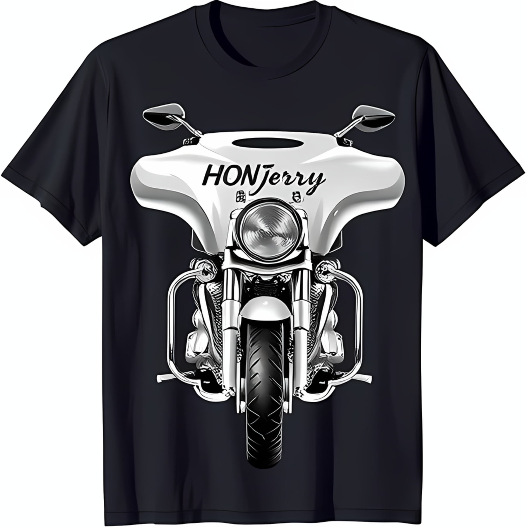 Black TShirt with Bold White Motorcycle Design and 'HONJERRY' Print