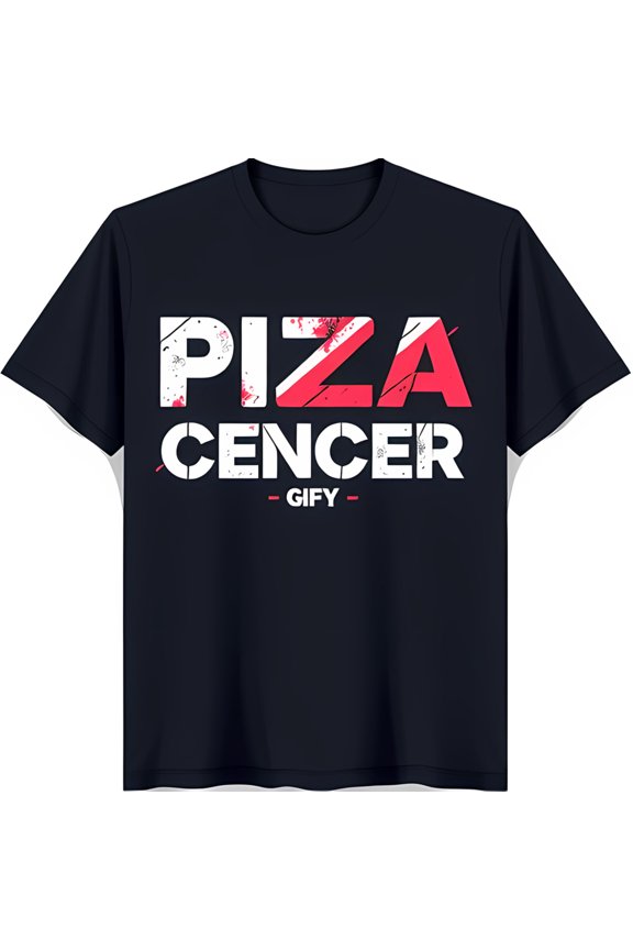 Black T-Shirt with Bold White & Red 'PIZA CENCER GIFY ' Graphic