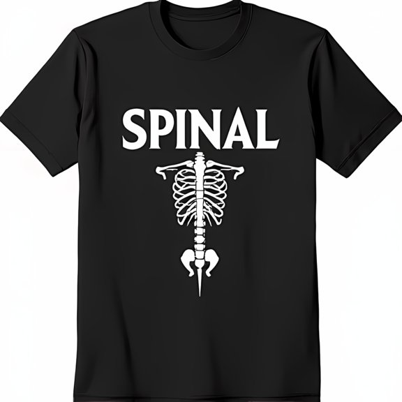 Black T-Shirt with Bold White Skeleton Ribcage and Spine Graphic SPINAL Design