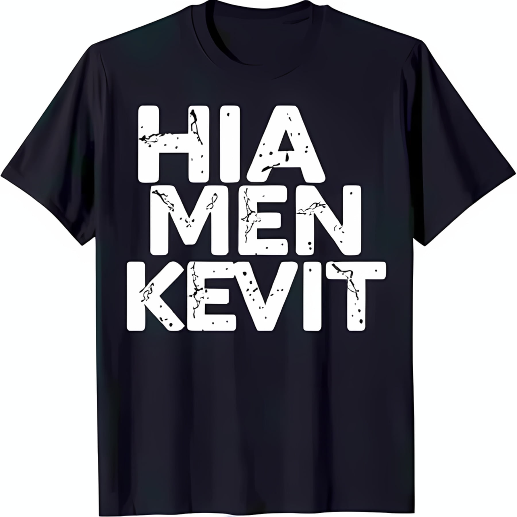 Black TShirt with Bold White Text 'HIA MEN KEVIT' Unique Graphic Tee