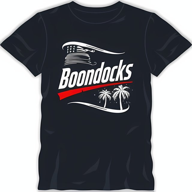 Black TShirt with Bold White Tree Graphic & 'Boondocks' Underlined in
