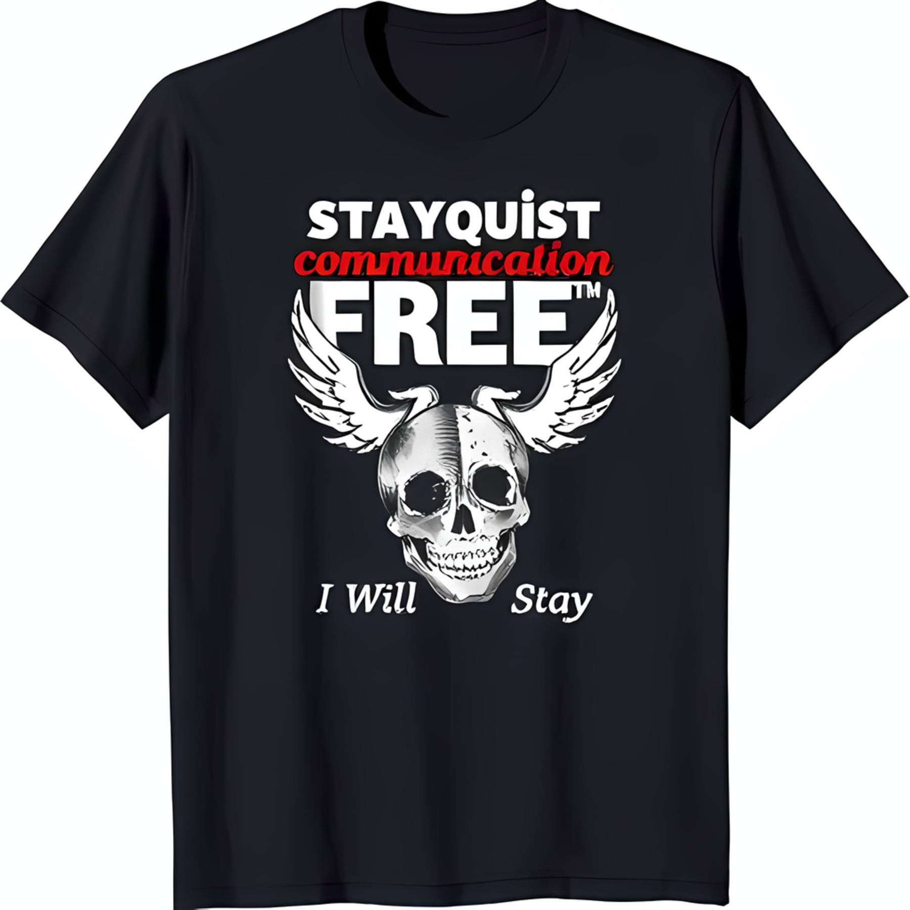 Black TShirt with Bold White & Wings Graphic 'Stayquist Communication ™' Design