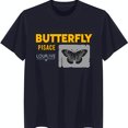 Black TShirt with Bold Yellow 'BUTTERFLY' Graphic White 'PISACE' Text