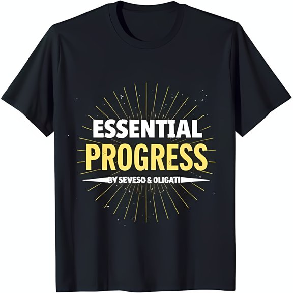 Black T-Shirt with Bold Yellow Graphic 'Essential Progress' Design by Seveso & Obligati