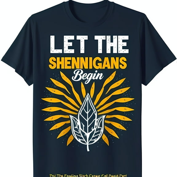 Black T-Shirt with Bold Yellow Graphic & 'Let the Shenanigans Begin' Text
