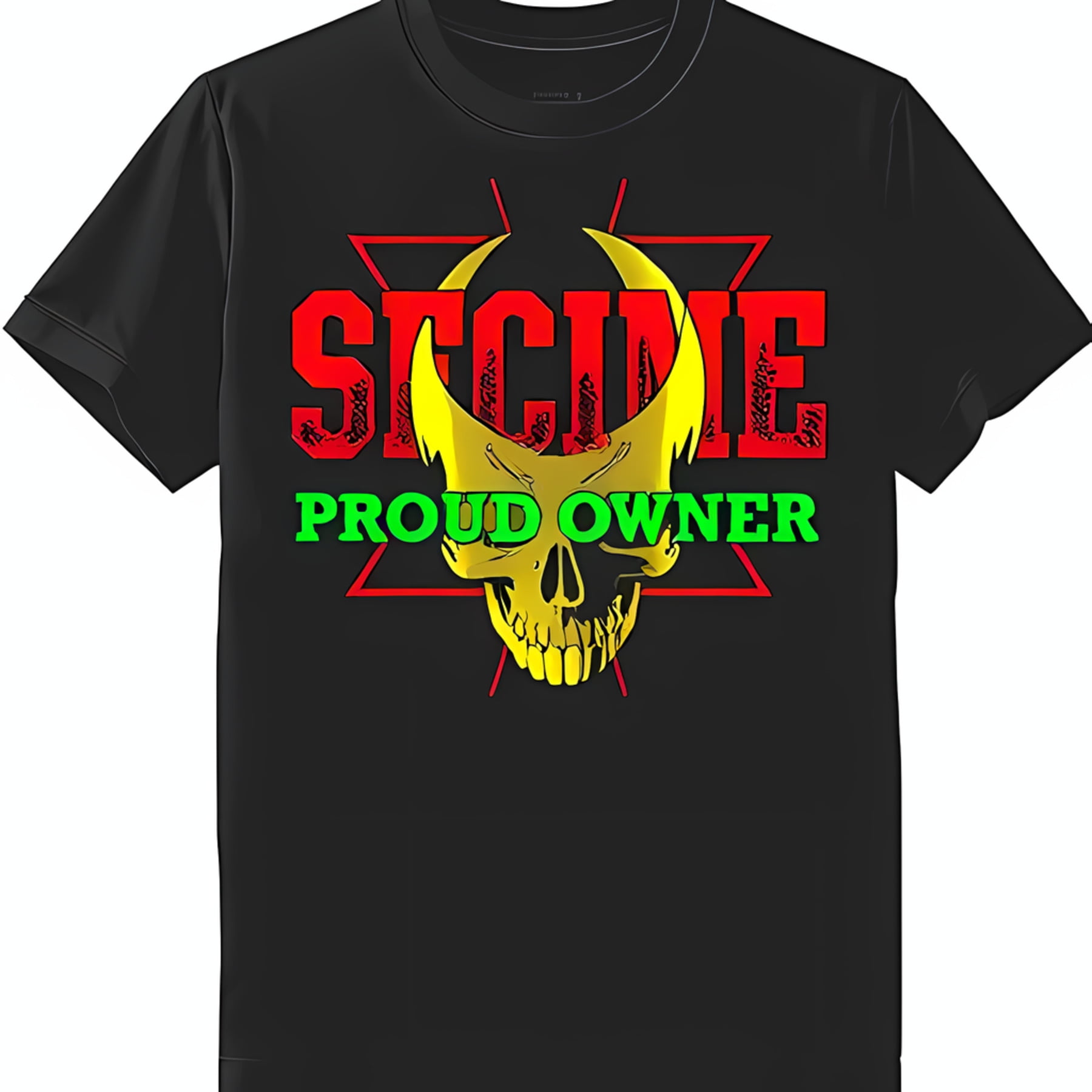 Black TShirt with Bold Yellow Graphic and Red 'S I C S I N E ' Horns