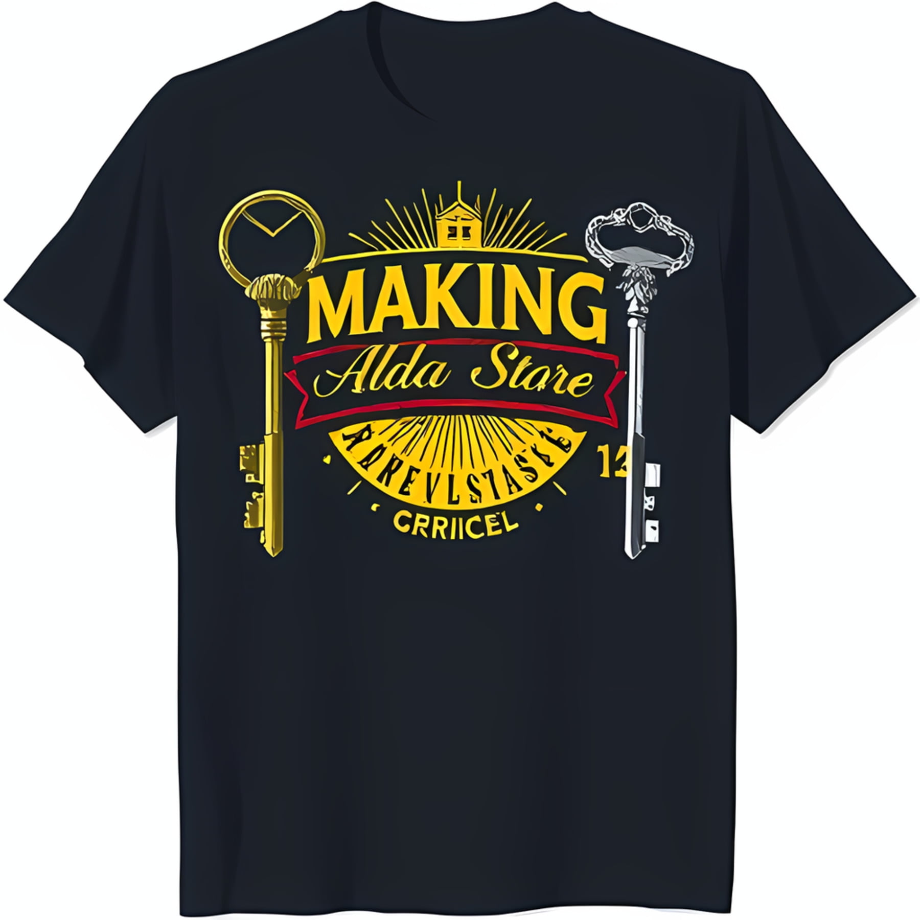 Black TShirt with Bold Yellow & Red Key Design 'Making Alda Stare