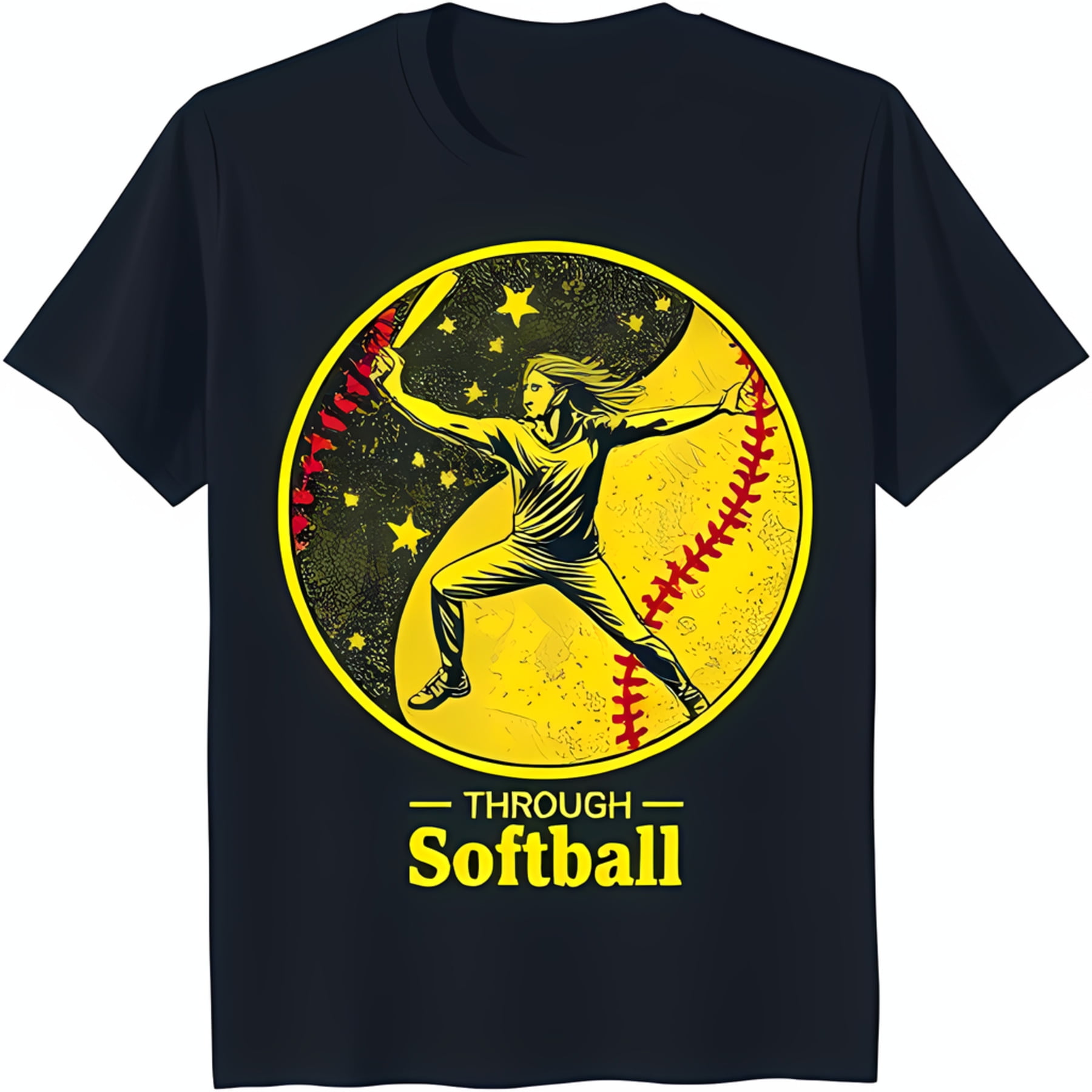 Black TShirt with Bold Yellow Softball Graphic & Player Design for