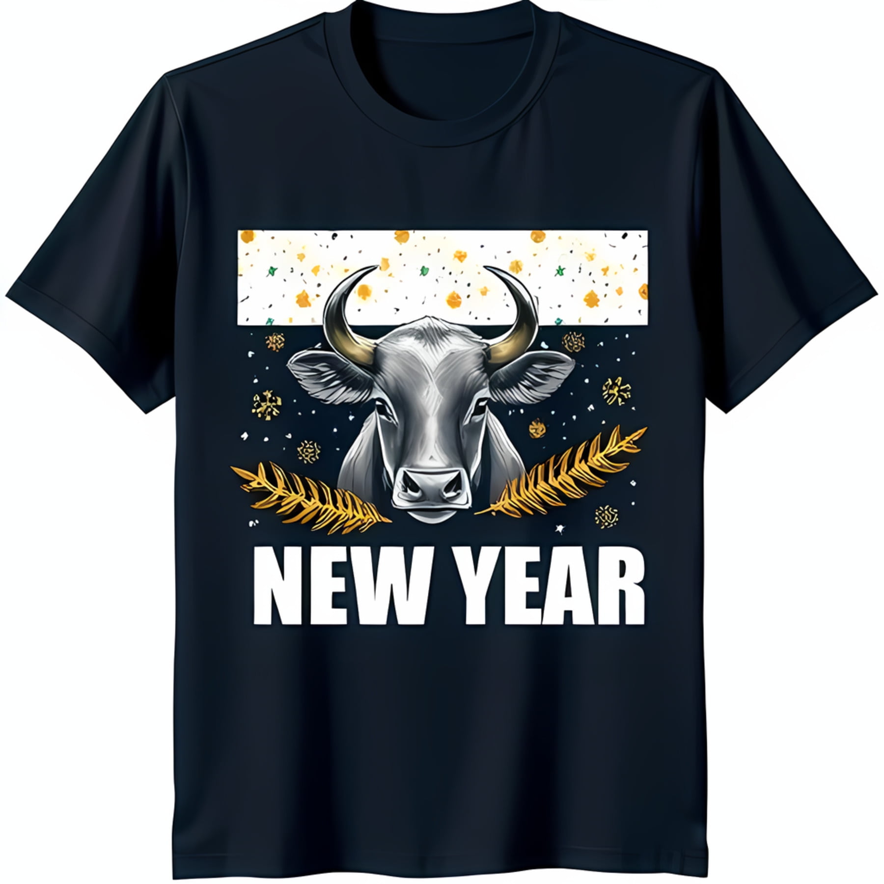 Black TShirt with Bold 's Head Design Gold Leaf Branch & 'NEW YEAR