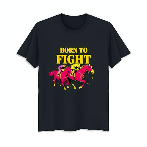 Black T-Shirt with 'Born to Fight' Graphic Racing Horses in Pink & Red