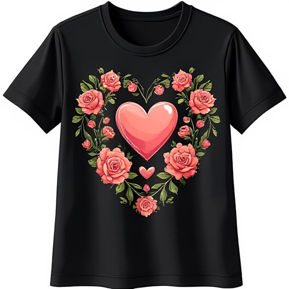 Black T-Shirt with Bright Pink Heart Surrounded by Soft Pink Roses Casual & Romantic Style