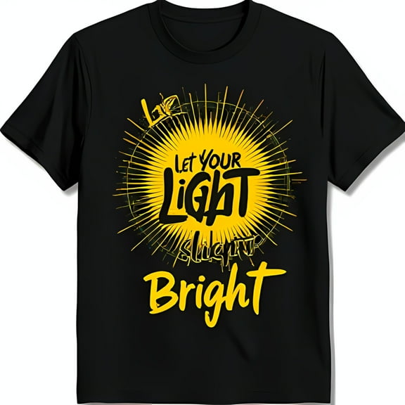 Black T-Shirt with Bright Yellow Sun Graphic & Let Your Light Shine Bright Design