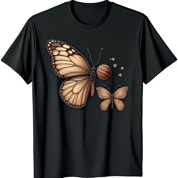 Black T-Shirt with Brown Butterfly Print and Dots Stylish Graphic Tee