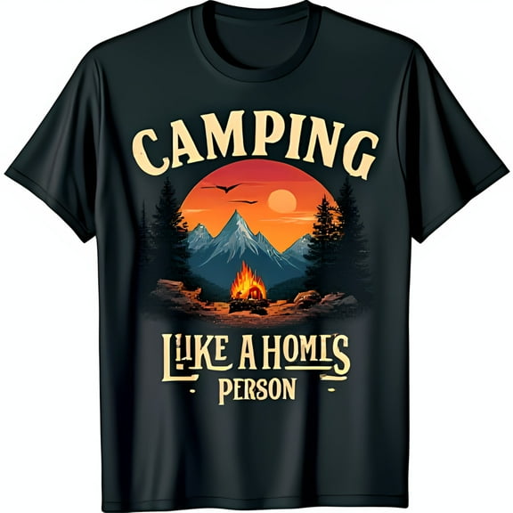 Black T-Shirt with Camping Graphic: 'Camping Like a Homie Person' Design Featuring Sunset & Campfire