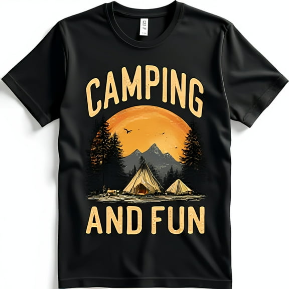 Black T-Shirt with Camping Graphic: Sunset Mountains & Tents Design