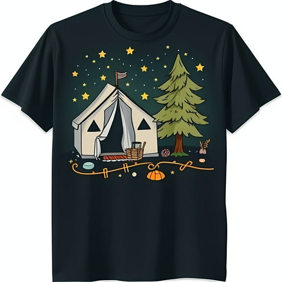 Black T-Shirt with Camping Tent Graphic Forest & Stars