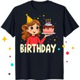Black TShirt with Cartoon Birthday Girl Holding Cake & Candles Fun