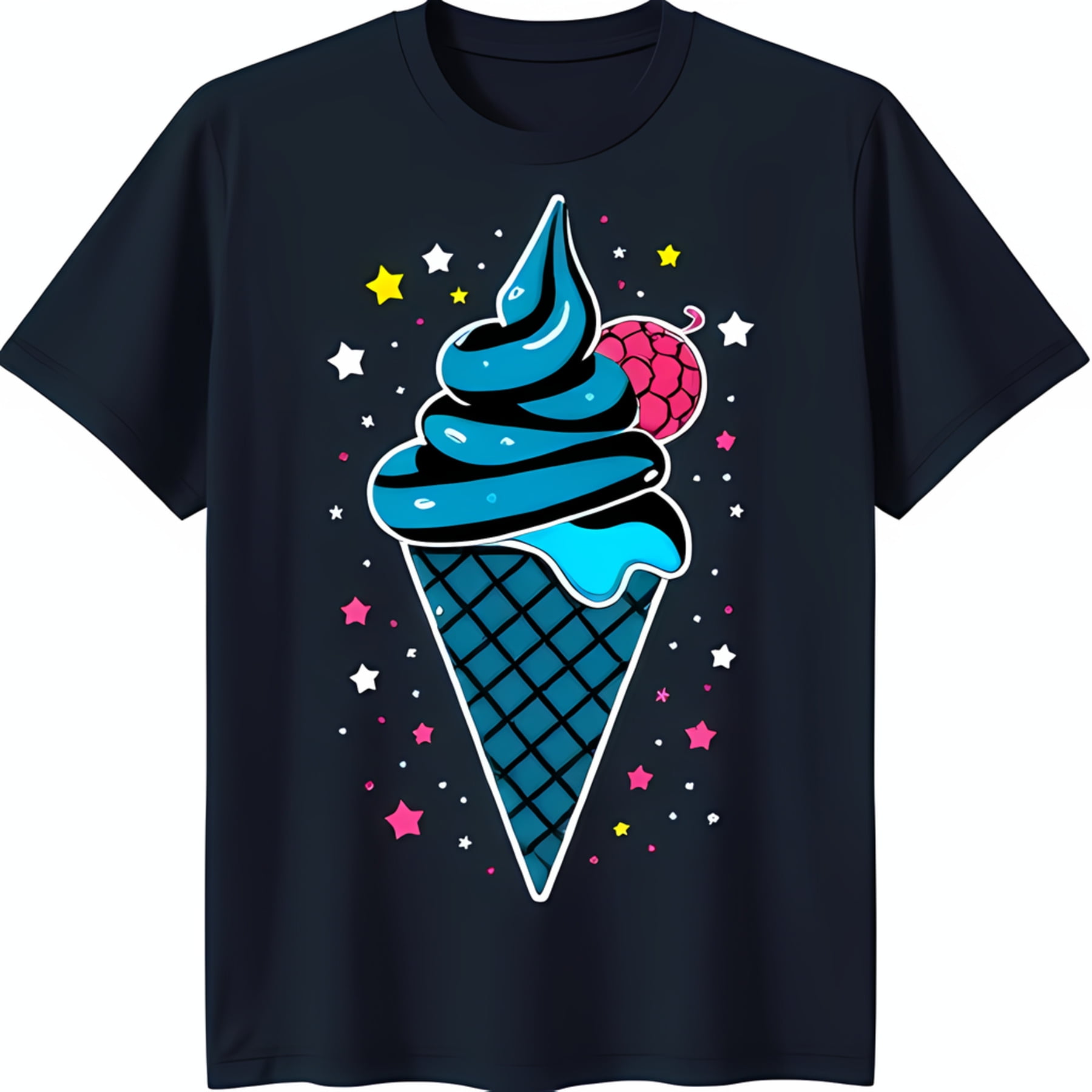Black TShirt with Cartoon Blue Ice Cream Pink Raspberry & Colorful