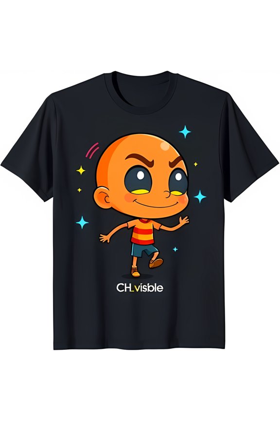 Black T-Shirt with Cartoon Boy in Space Mischievous Design & 'CHLvisible' Print