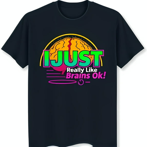 Black T-Shirt with Cartoon Brain Graphic & Text Fun Design