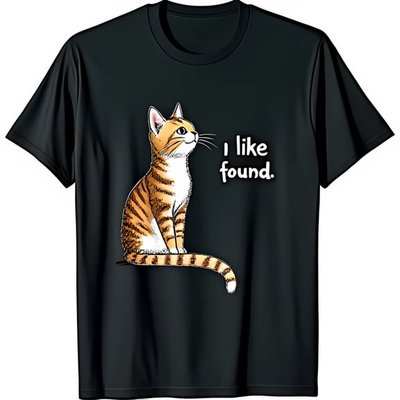 Black T-Shirt with Cartoon Cat Graphic & White Striped Design