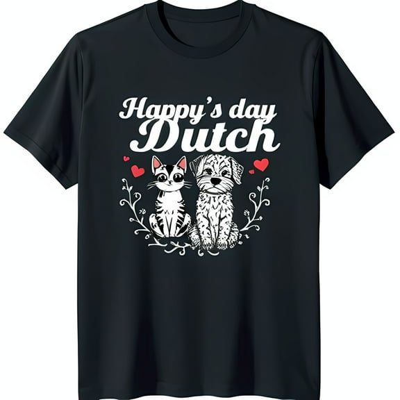 Black T-Shirt with Cartoon Cat and Dog Graphic 'Happy's Day Dutch' Design Festive Hearts & Leaves