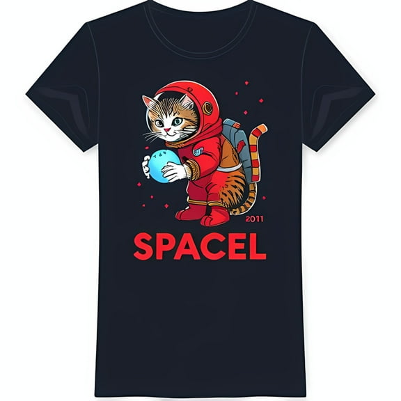 Black T-Shirt with Cartoon Cat in Spacesuit Holding Blue Ball 'SPACEL' Design