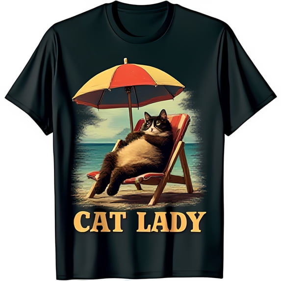 Black T-Shirt with Cartoon Cat on Beach Chair 'Cat Lady' Design Fun Summer Vibe