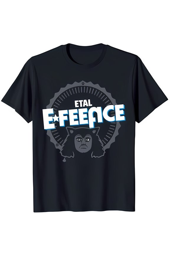 Black T-Shirt with Cartoon Character Seal Graphic 'ETAL E FEENCE' Design