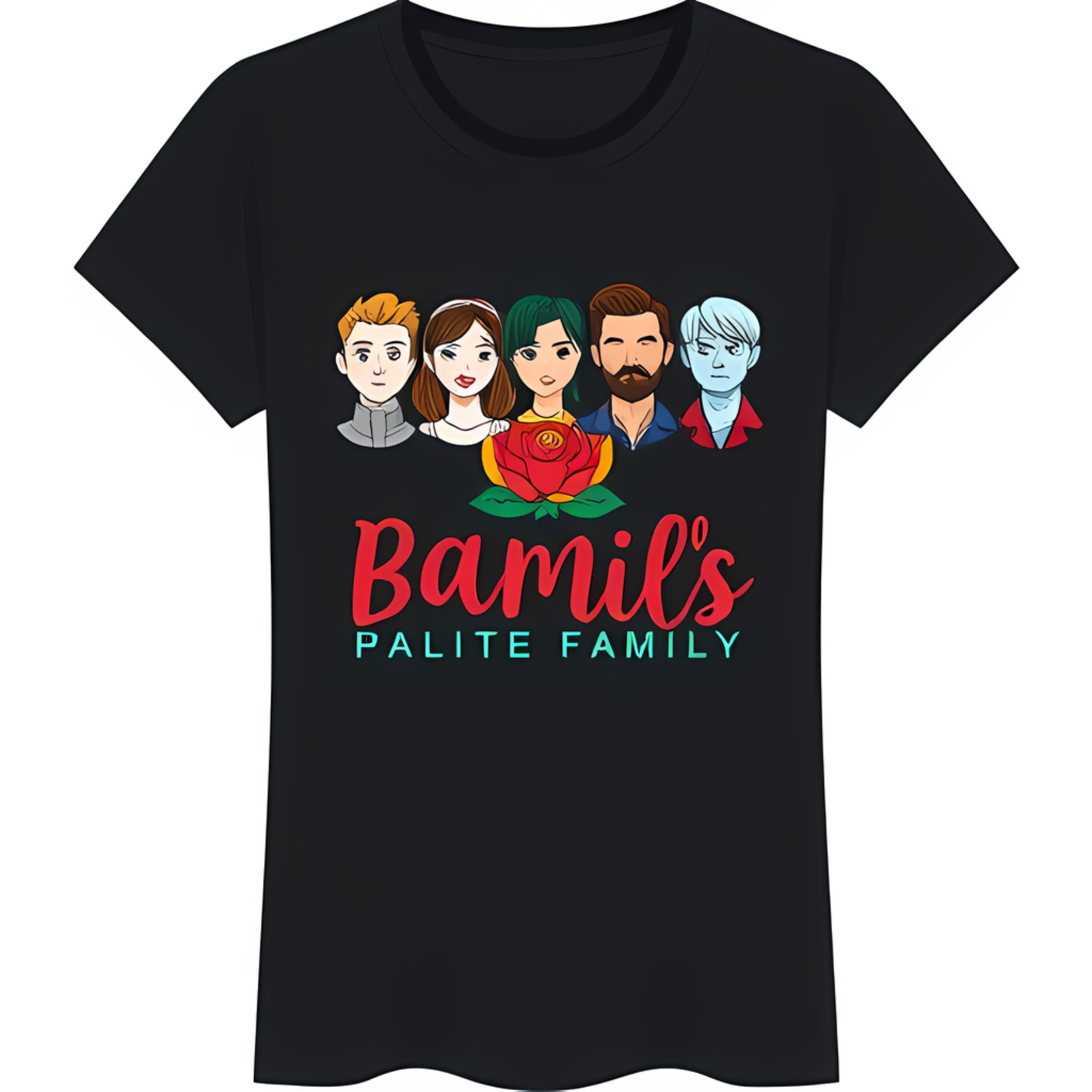 Black TShirt with Cartoon Characters 'Bamil's Palite Family' Graphic