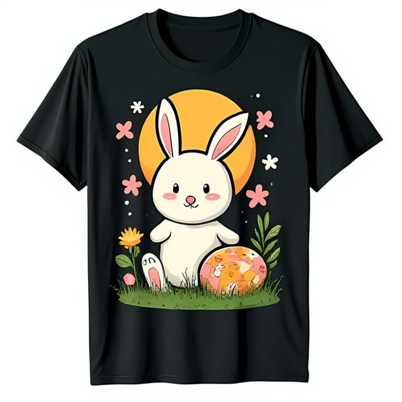 Black T-Shirt with Cartoon & Colorful Easter Egg in Flower Field