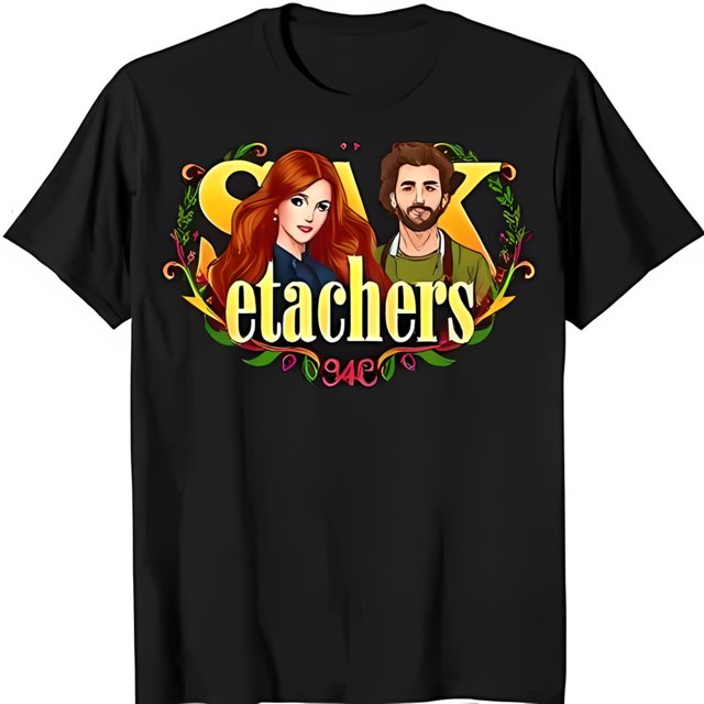 Black TShirt with Cartoon Couple Design Red Haired Girl & Brown Haired
