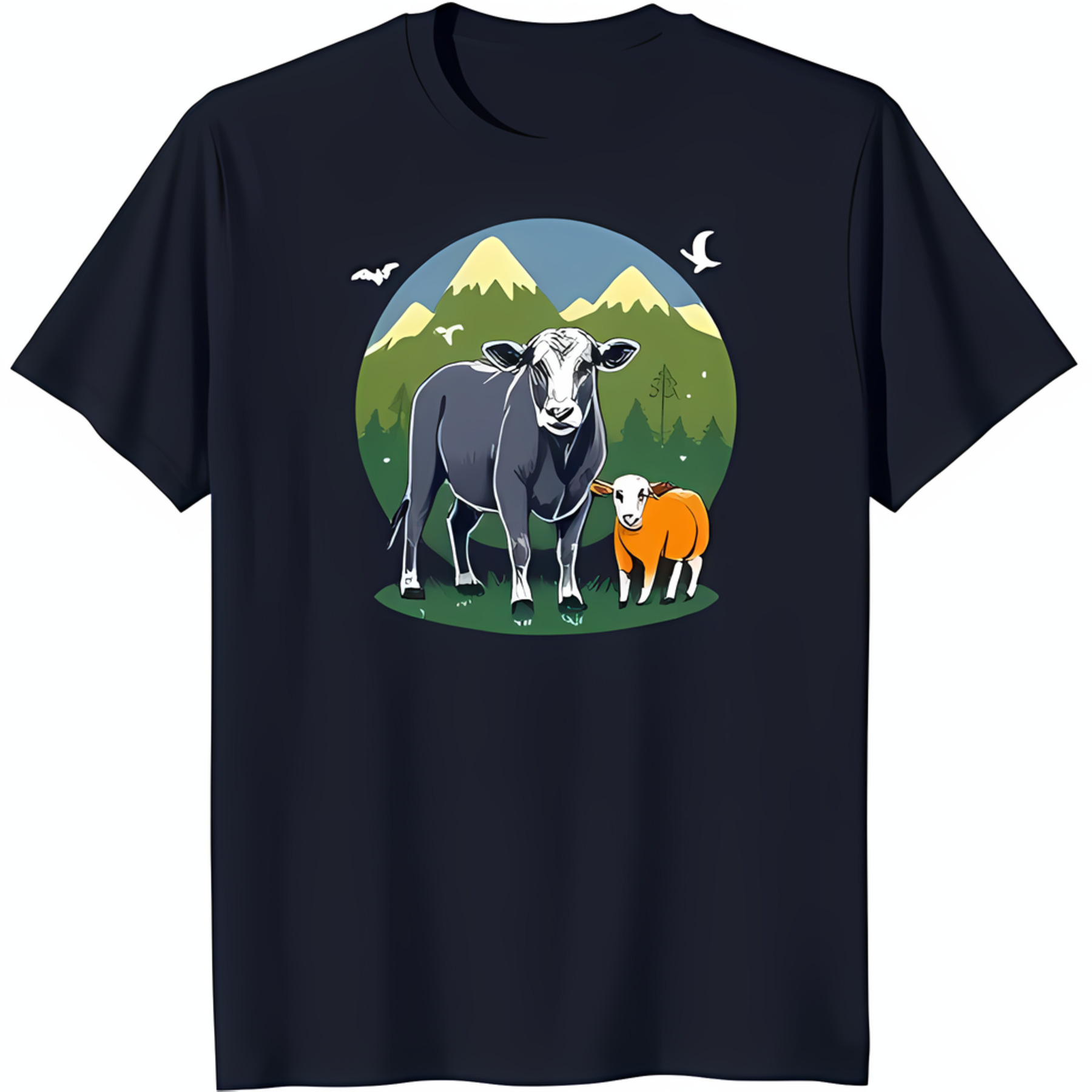 Black TShirt with Cartoon Cow and Graphic in Green Field Scene