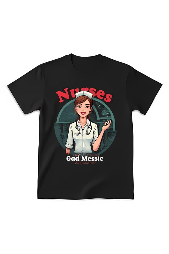 Black T-Shirt with Cartoon Design Smiling in White & Nurses Graphic Tee