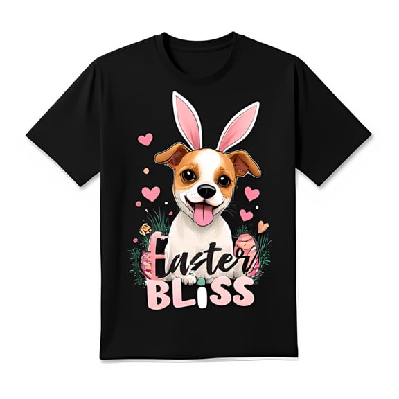 Black T-Shirt with Cartoon Dog in Ears & Colorful Easter Eggs Easter Bliss Design
