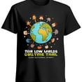thumbnail image 1 of Black T-Shirt with Cartoon Earth Surrounded by Diverse Figures Holding Hands The Low Wirlds Ultime Tatl Design, 1 of 5