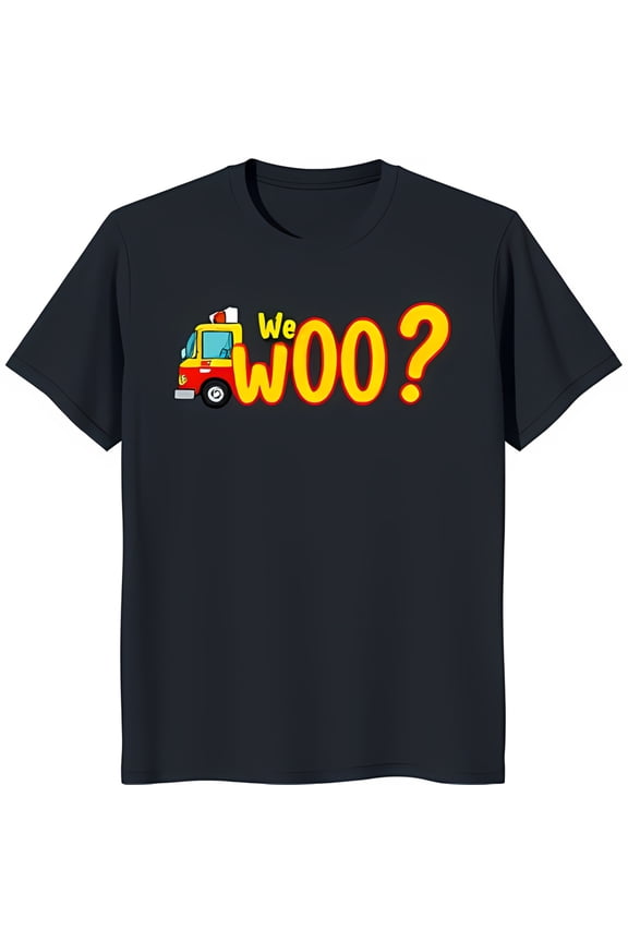 Black T-Shirt with Cartoon Fire Truck & 'We WOO?' Graphic Fun Casual Wear