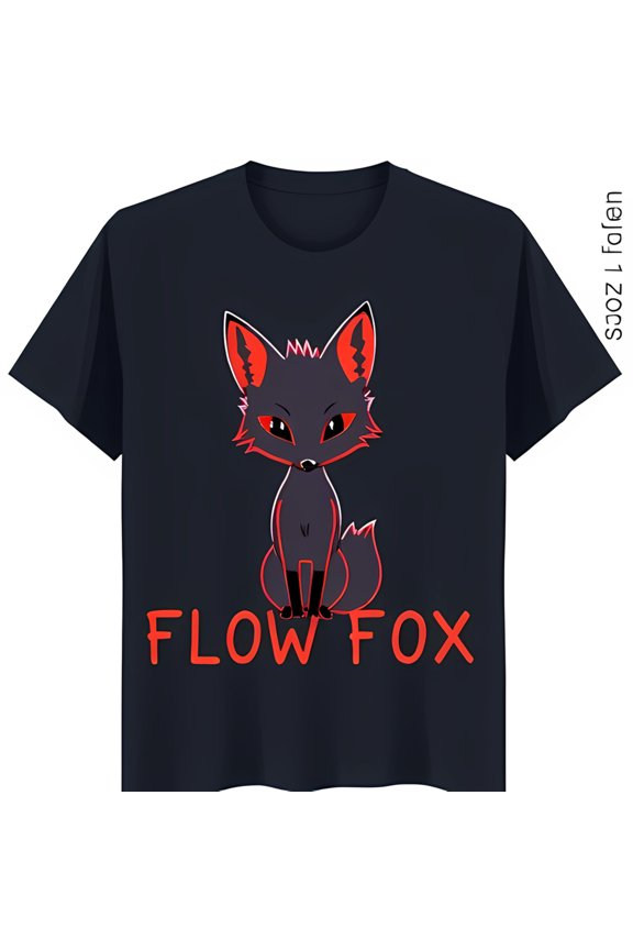 Black T-Shirt with Cartoon Fox Design Red and Black Fox with Red Eyes 'FLOW FOX' Graphic Tee