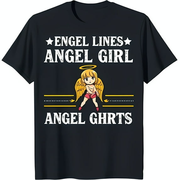 Black T-Shirt with Cartoon Girl Graphic 'ENGEL LINES' Design
