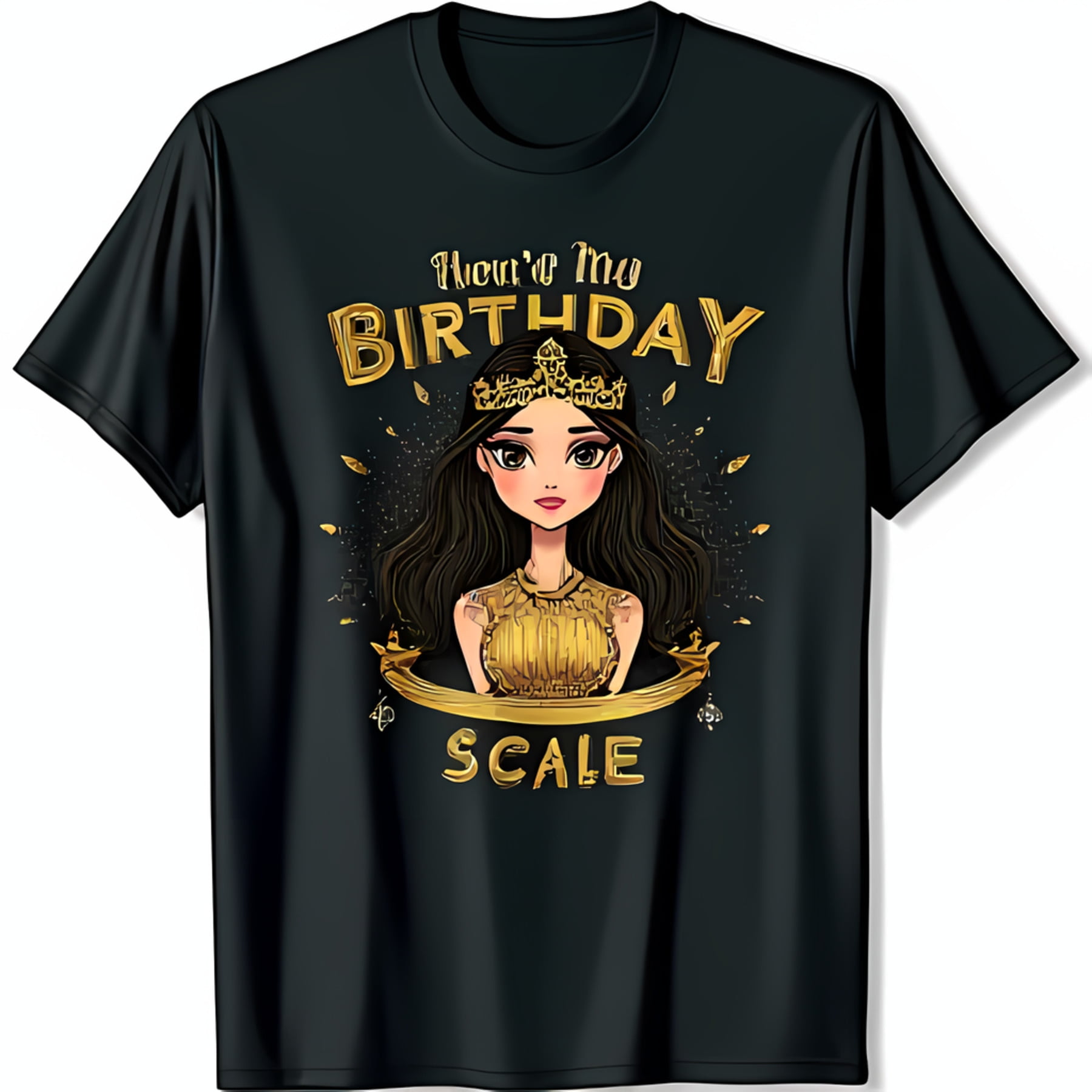 Black TShirt with Cartoon Girl in Crown & Gold Dress 'You' My Birthday Scale' Graphic for