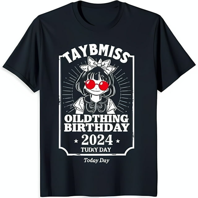 Black TShirt with Cartoon Girl in Red Sunglasses & 'Taybmiss Oldthing