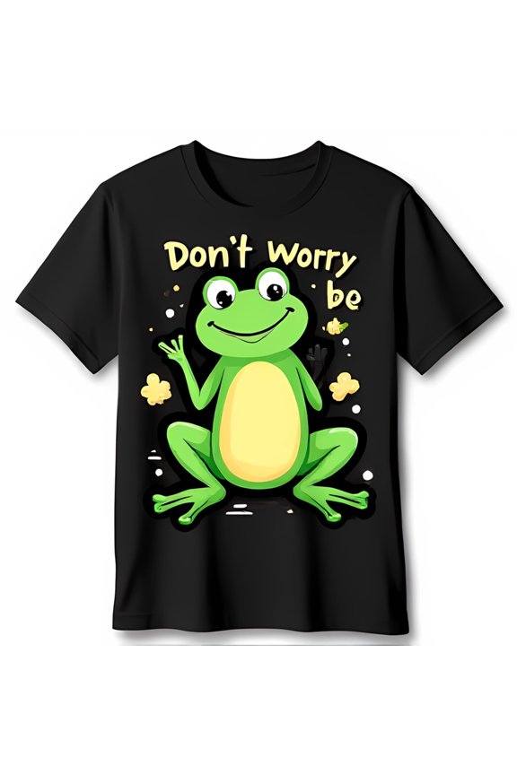 Black T-Shirt with Cartoon Graphic Don t Worry Be Design Fun & Playful