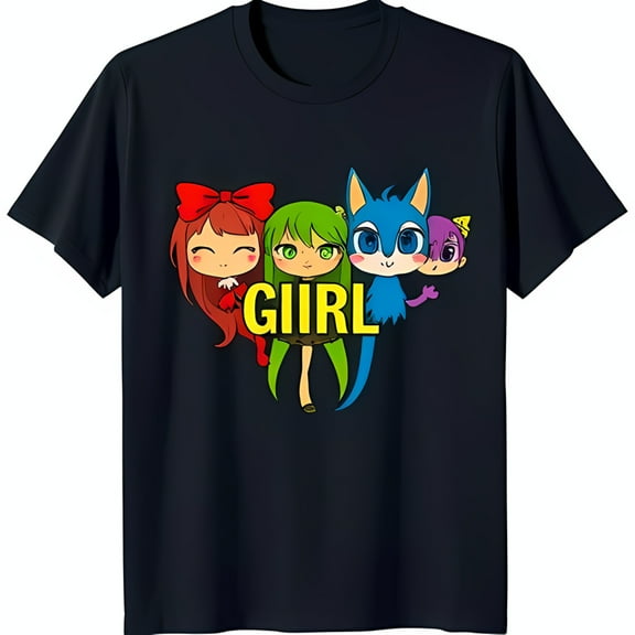 Black T-Shirt with Cartoon Graphic: Green Haired Girl Red Haired Girl Blue Creature & Star Character Fun & Colorful Design