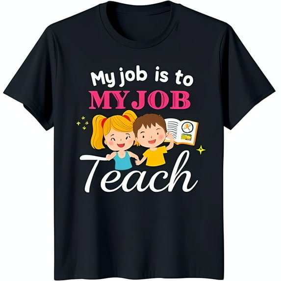 Black T-Shirt with Cartoon Holding Hands 'My is to Teach' Graphic