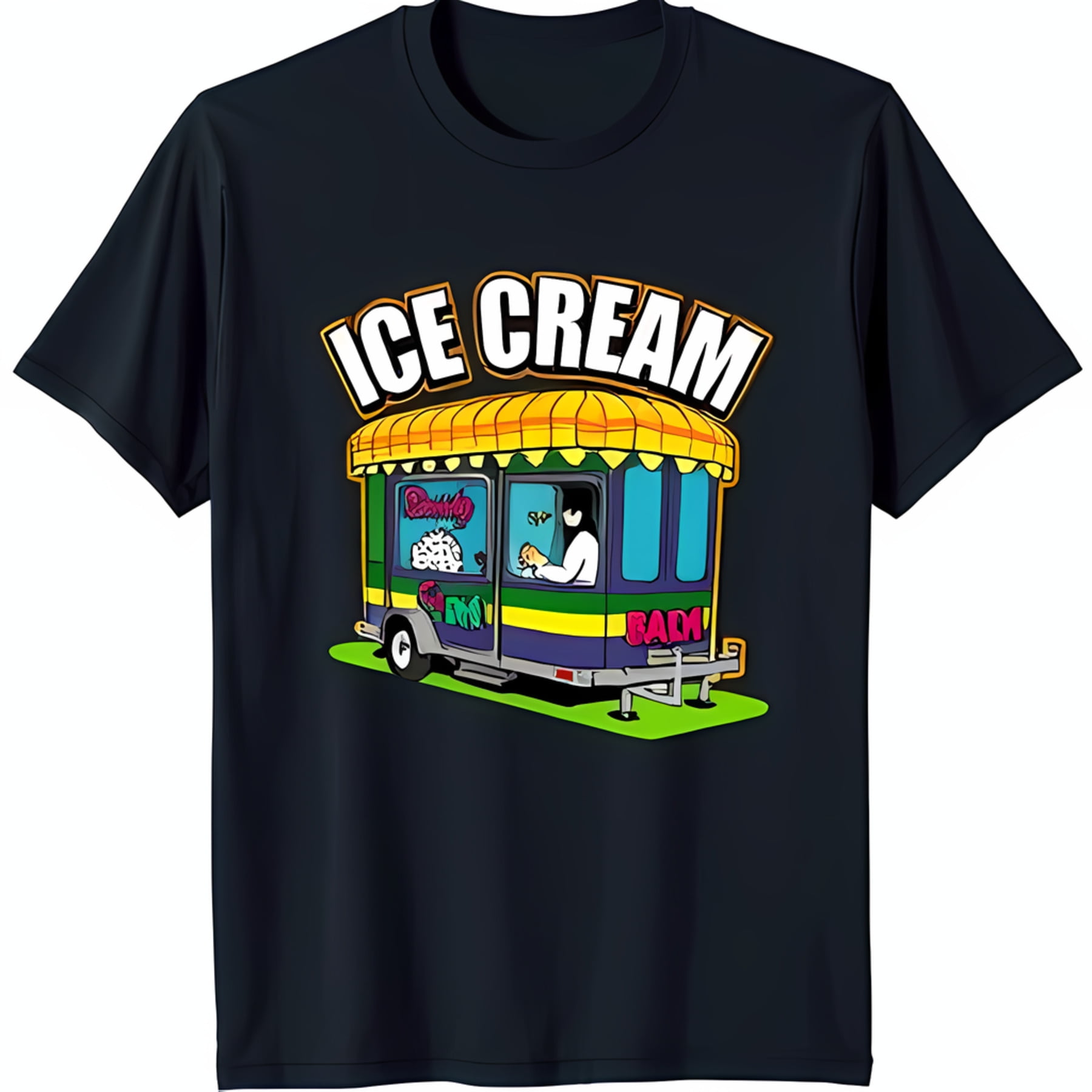Black TShirt with Cartoon Ice Cream Truck Illustration & Bright 'Ice