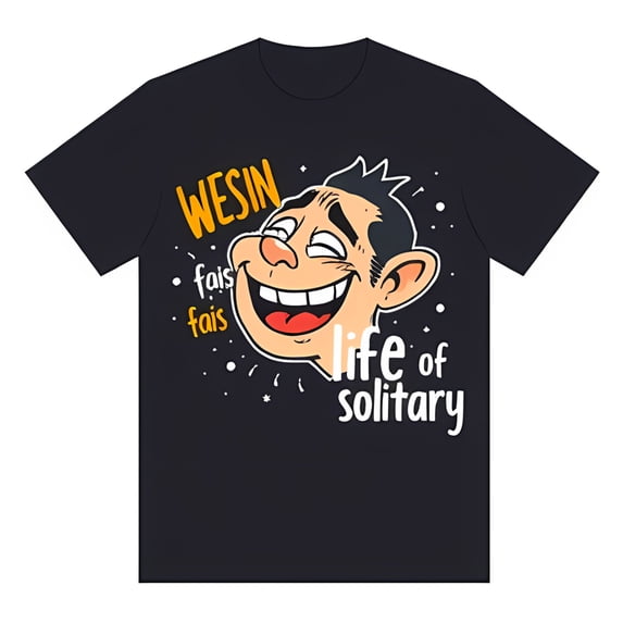 Black T-Shirt with Cartoon Man Illustration & 'Wesin fais fais life of solitary' Text