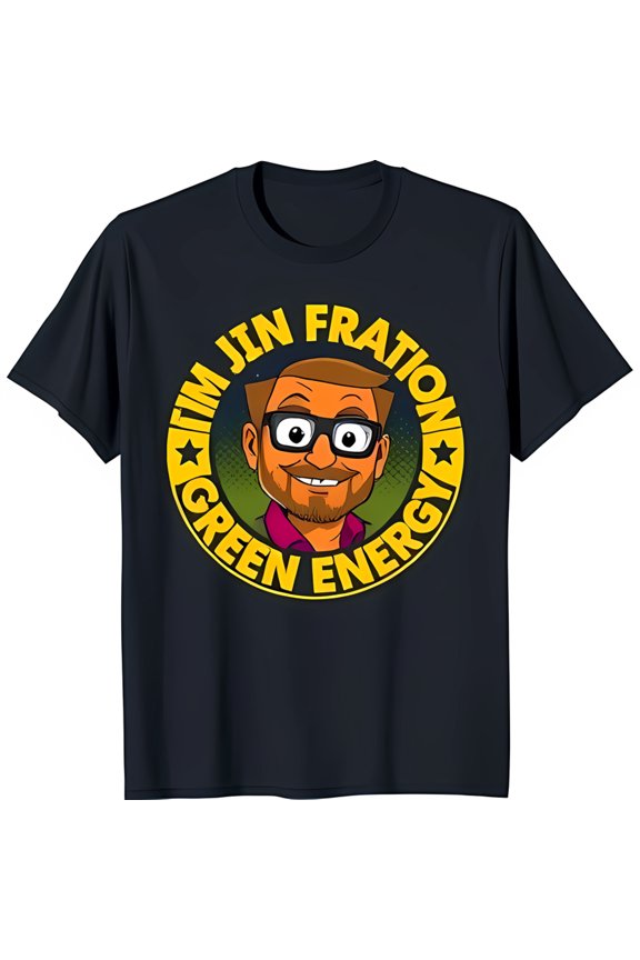 Black T-Shirt with Cartoon Man in Glasses & 'Tim Jin Fraction Green ' Design