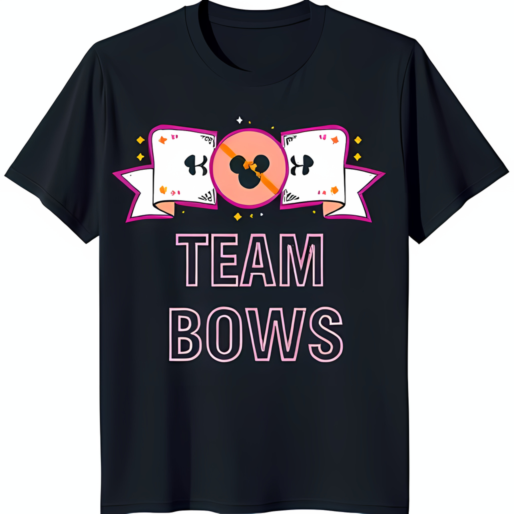 Black TShirt with Cartoon Pink Crossed Ears & 'TEAM BOWS' Design