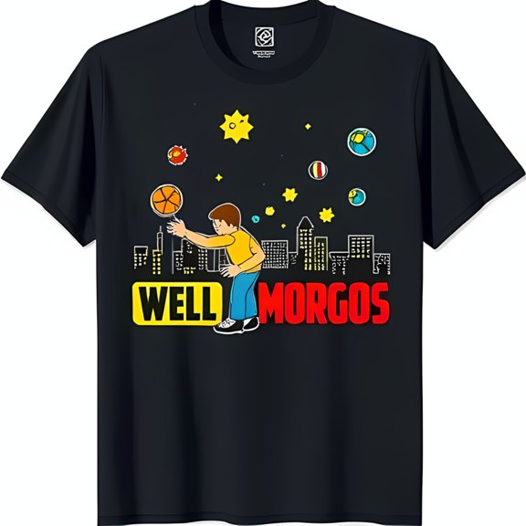 Black T-Shirt with Cartoon Player & City 'WELL MORGOS' Design